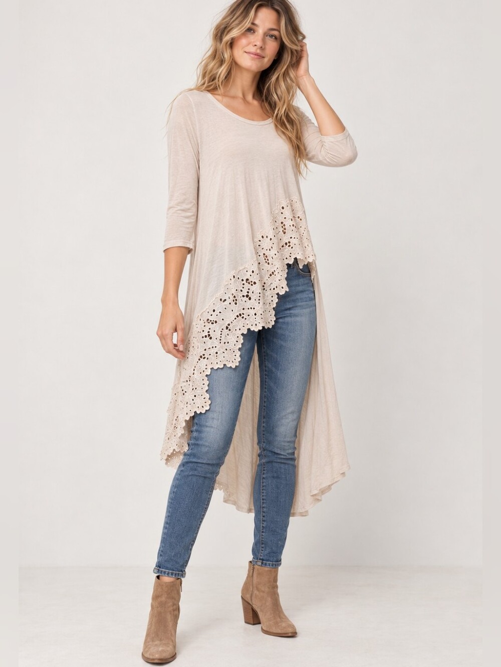 Free People Meadowlands Hi-Lo Lace Hem Tunic Top XS Oatmeal Beige